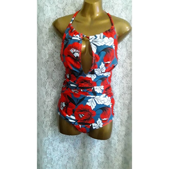 NWOT Swimsuit Sz L One Piece Bright Floral Halter Swimsuit - Picture 6 of 7